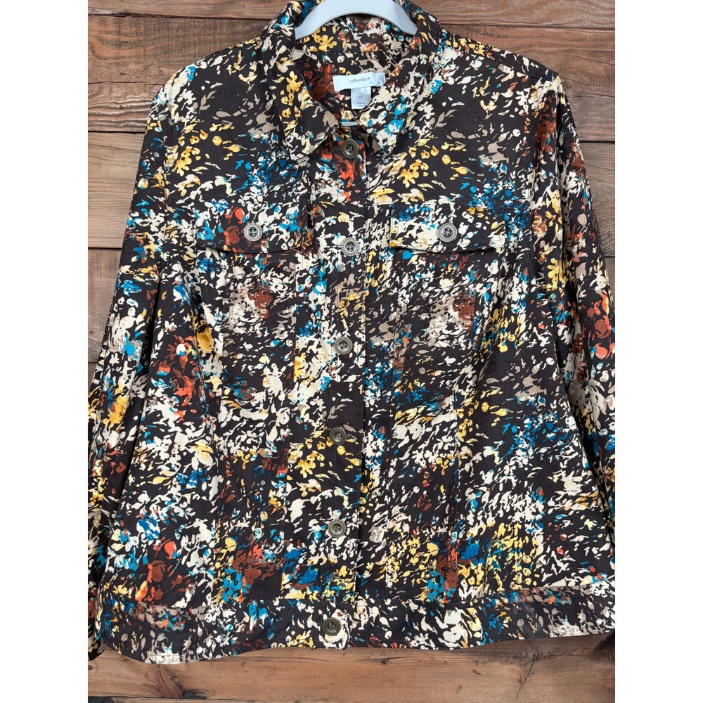 CJ Banks Trucker Jacket Womens 1X Floral Print Button Front Long Sleeve Collared
